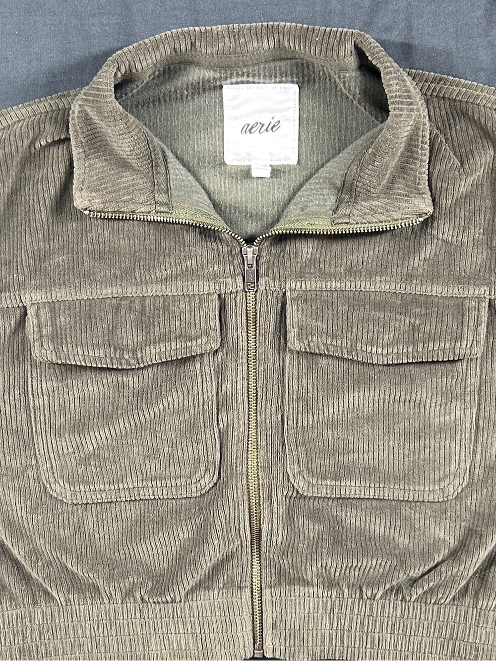Aerie Olive Green Ribbed Cropped Utility Jacket Women's XS Full Zip